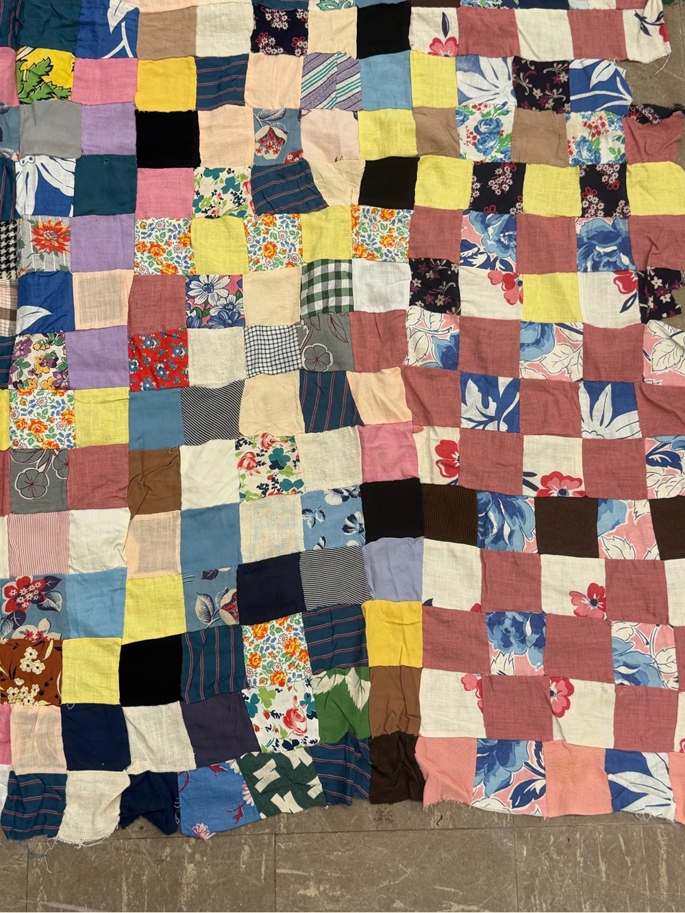VTG Hand-Stitched Postage Stamp Quilt Topper Feedsack Fabric Scrap Mosaic 58x72" - Picture 3 of 10